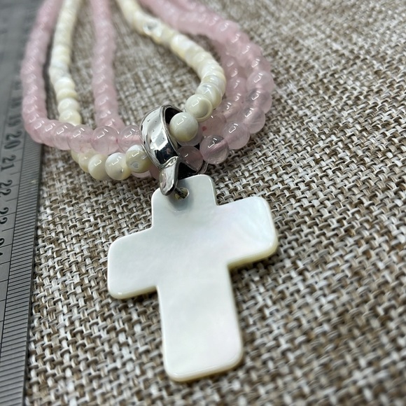 Vintage Rose Quartz Pearl Necklace Set - Mother-of-Pearl Cross Pendant - Picture 14 of 16